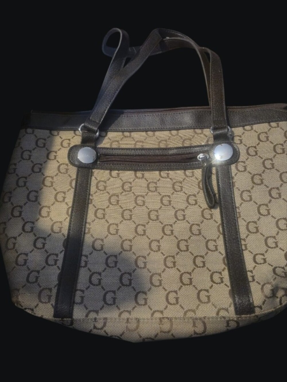 Designer-Inspired Beige Canvas Tote with Brown Trim
